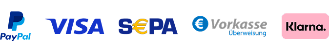 Verschieden Zahlugsart wie Paypal, Visa, SEPA, Klarna